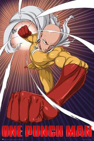 A bald superhero donning a yellow suit and red gloves delivers a powerful punch, encapsulating the spirit of Japanese Animation. Dynamic lines emanate from the punch, showcasing the vigor of an iconic anime poster. The text "One Punch Man - Saitama" by MTV 050 crowns this stunning Movies & TV Collection piece.