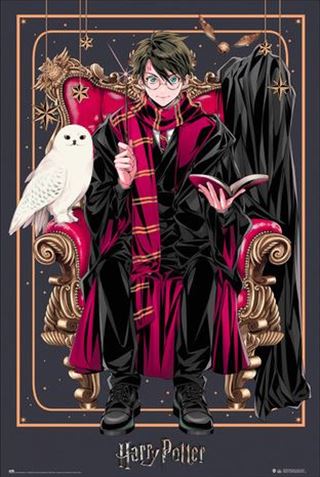 The Harry Potter - Wizard Dynasty Harry by MTV 128 features a vibrant illustration of a young wizard in glasses holding a wand on an ornate chair, with a white owl beside them. Dressed in a black and red robe with matching scarf, the scene is surrounded by magical elements and golden stars.