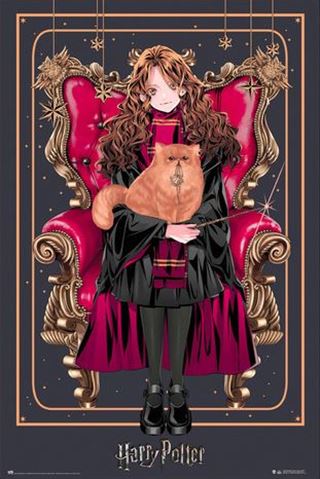 An illustration from the Movies & TV Collection, "Harry Potter - Wizard Dynasty Hermione" by MTV, showcases a girl with long, wavy brown hair in a black and maroon robe. She sits on a regal red and gold chair, holding an orange cat and a wand amidst stars and golden accents. Printed on premium 150gsm gloss paper.
