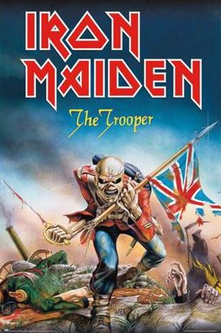 This rock poster shows a skeletal figure in a red military uniform wielding a tattered British flag and sword on the battlefield. Printed on premium gloss paper, it features "Iron Maiden" and "The Trooper," making the MUS 004 Iron Maiden Trooper an essential music collection piece.