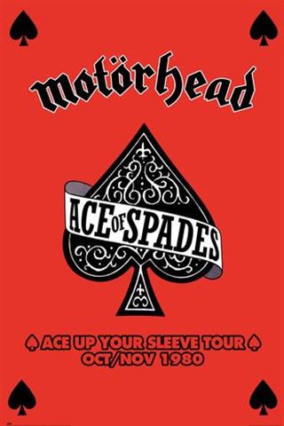 Presenting the MUS 158 "Motorhead - Ace up Your Sleeve Tour" poster, featuring a striking red design for Motörhead's iconic "Ace of Spades" tour. Printed on premium gloss paper, it showcases a prominent black spade in the center with "Ace of Spades" emblazoned across it. This classic memorabilia highlights tour dates from October and November 1980, making it an essential piece for any music collection.