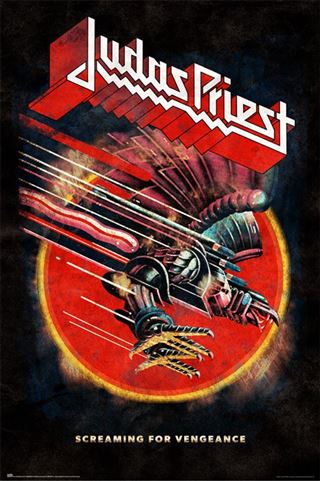 The "Judas Priest - Screaming For Vengeance" album cover poster by MUS 258 features a stylized metallic eagle with sharp talons against a red circular background, boldly displaying the band's name at the top—an ideal addition to any music collection.