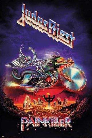 The "Judas Priest - Painkiller" poster from MUS 164 features a vibrant, dramatic design with a fierce metallic, winged creature riding a bike with saw-blade wheels. The background displays a fiery, futuristic cityscape. Printed on premium gloss paper, it showcases "Judas Priest" at the top and "Painkiller" at the bottom.