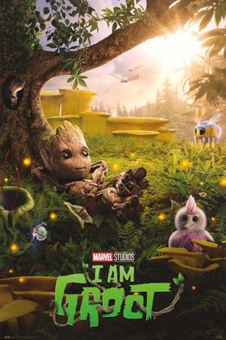Poster for the series "I Am Groot" by MTV 372, part of the Marvel MCU collection. It features Baby Groot sitting under a tree surrounded by glowing fireflies and a few alien creatures nearby in a lush, fantastical forest. The text "I AM GROOT" is written in green at the bottom on premium 150gsm gloss paper.