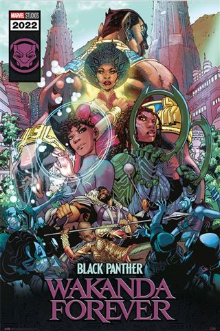 Discover the captivating comic book cover art for "Marvel Black Panther - Wakanda Forever" by MTV 334. This Marvel MCU Poster showcases various characters in dynamic poses against a backdrop of futuristic Wakandan architecture. The top left corner highlights the 2022 release date, making it an essential addition to your Movies & TV Collection.
