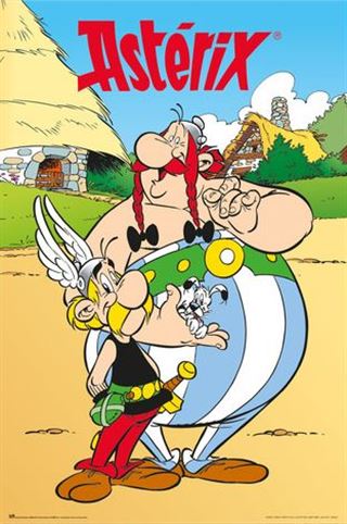 Two cartoon characters are depicted: a small man with a winged helmet and yellow mustache holding a blonde small dog, and a large man with red braids and striped pants. The background features village huts. The word "Asterix" is written in red at the top of this Premium 150gsm gloss paper Anime Poster from the MTV 227 Movies & TV Collection.