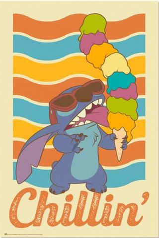 A playful animated blue creature with large ears and sunglasses is licking a tall ice cream cone with colorful scoops. The vibrant, wavy background is reminiscent of an Anime Poster. At the bottom, the word "Chillin'" appears in orange script, making it perfect for any Movies & TV Collection. Introducing the Lilo & Stitch Chillin by MTV 322.