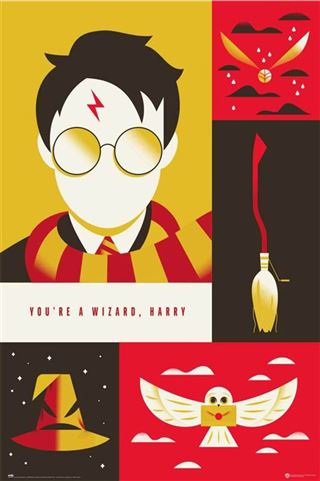 Stylized illustration depicting a character with round glasses and a lightning bolt scar, wearing a red and gold scarf. Surrounding elements include a broomstick, a flying owl with a letter, and a wizard hat adorned with stars. Text reads "You're a wizard, Harry." This piece is part of the Movies & TV Collection by MTV 381 and celebrates the Harry Potter WB 100th Anniversary, printed on premium 150gsm gloss paper.