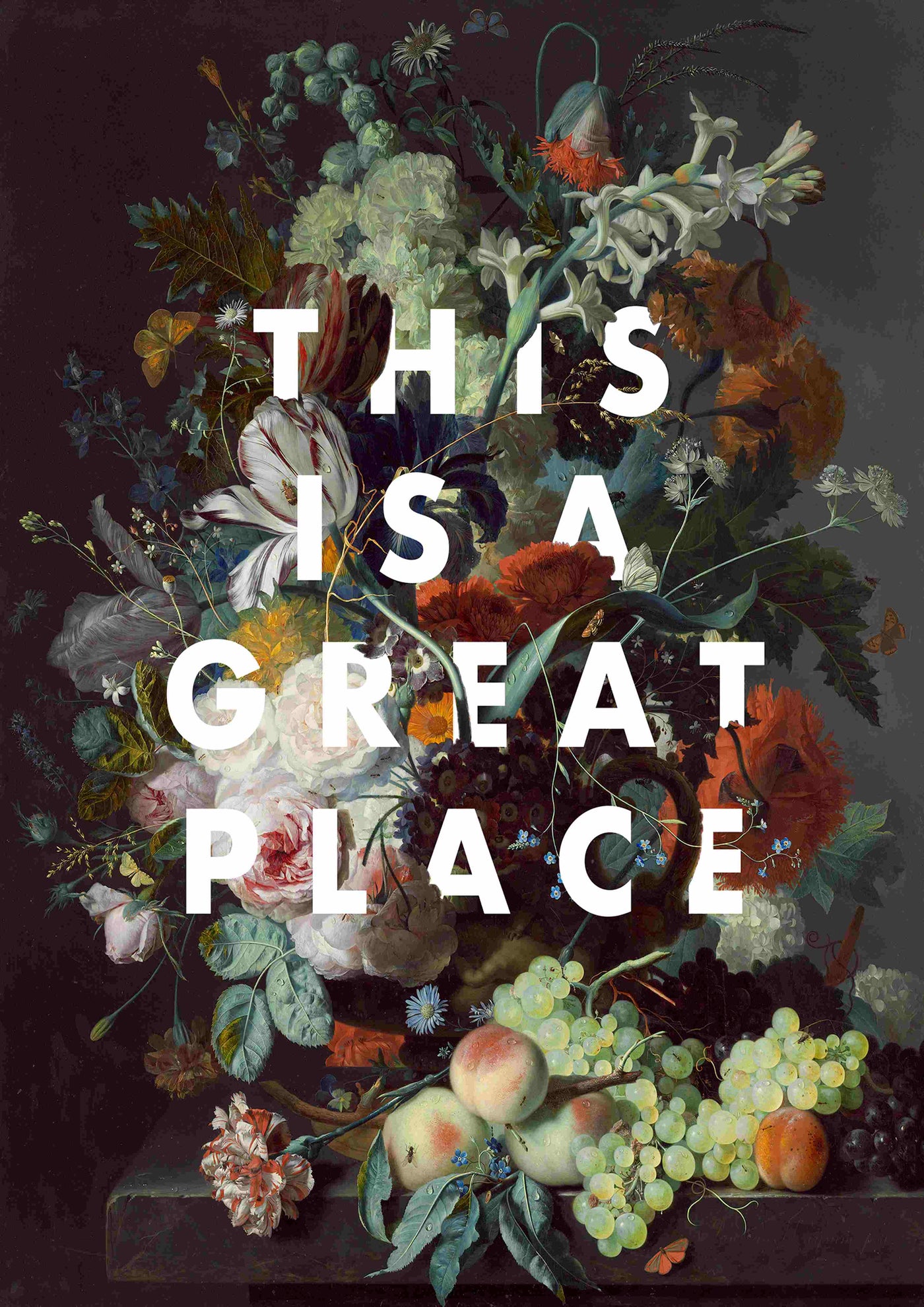 Introducing "This is a Great Place" by The Quote House A5 from fap, a vibrant still life painting of flowers and fruits with bold white lettering. This elegant piece is perfect for enhancing any space and fits beautifully into Deluxe Postcard Frames or the Little Art series for stunning mini prints.