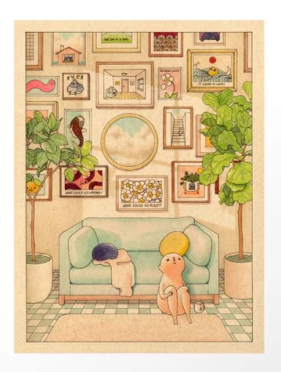 A cozy living room with a pastel blue sofa is adorned with framed artwork and lush plants. A small character sits nearby, holding a yellow disc, admiring the Gallery Wall by Felicia Chiao from GAL6. A round mirror on the wall completes this Felicia Chiao-inspired scene.