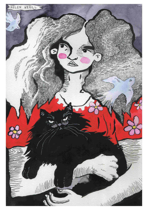 This art print, "Girl and Cat" by Helen Nehill from Blue Dog Posters, features an illustration of a woman with long, curly hair holding a black cat. She is wearing a floral red dress and is surrounded by two birds in flight, all set against a backdrop of contrasting dark and light tones.