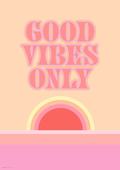 The Good Vibes Sunset A3 poster by Blue Dog Posters features a retro-style design with a pastel-colored background. Large, bubble-like letters in pink and red spell "GOOD VIBES ONLY" above an abstract, sun-like shape in shades of pink and yellow. Printed on high quality 250gsm Satin Paper, this product evokes a playful, vintage aesthetic.