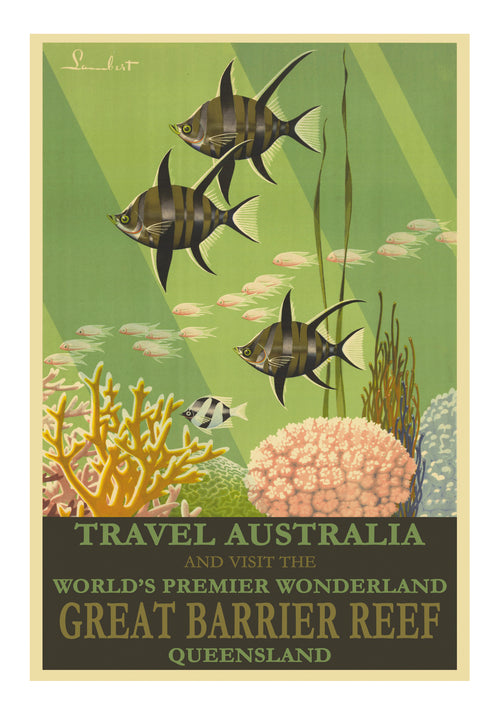 A vintage travel poster from A5, titled "Vintage Great Barrier Reef A5," showcases colorful marine life with three large black-and-white striped fish swimming among corals. The text reads, "Travel Australia and visit the world's premier wonderland Great Barrier Reef - Queensland.