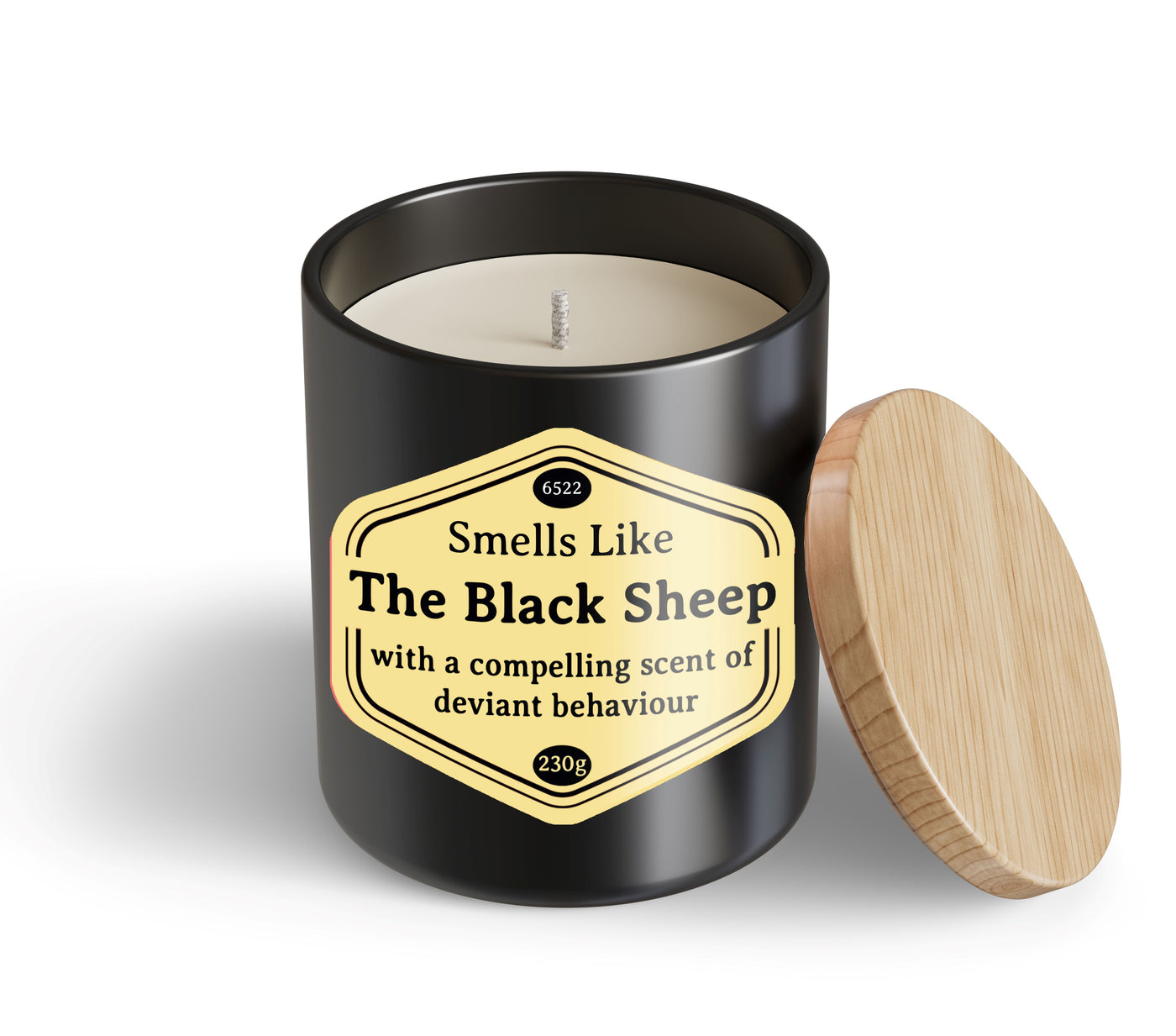 A Black Sheep Candle Hustle & Co by Blue Dog Posters, featuring a black jar with a wooden lid and a label hinting at "a compelling scent of deviant behaviour," rests on a white background.