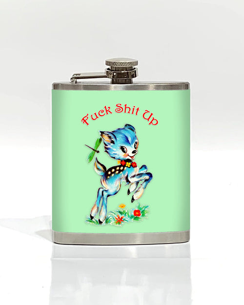 Part of Blue Dog Posters' Cool Gifts Collection, the "Fuck Shit Up Hip Flask" is crafted from stainless steel with a mint green background. It showcases a retro-style illustration of a blue fawn holding a green leaf in its mouth, surrounded by small flowers, with red text above the fawn that reads "Fuck Shit Up.
