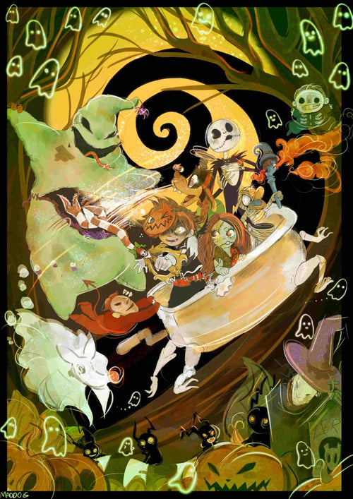Immerse yourself in the imaginative world of Halloween Town by MadDog Ink, crafted by fap. This vibrant art print features a large green creature and a skeleton figure dancing among whimsical characters, swirling amidst ghosts and pumpkins. The vivid autumn colors bring the scene to life, thanks to the creative work of the featured artists.