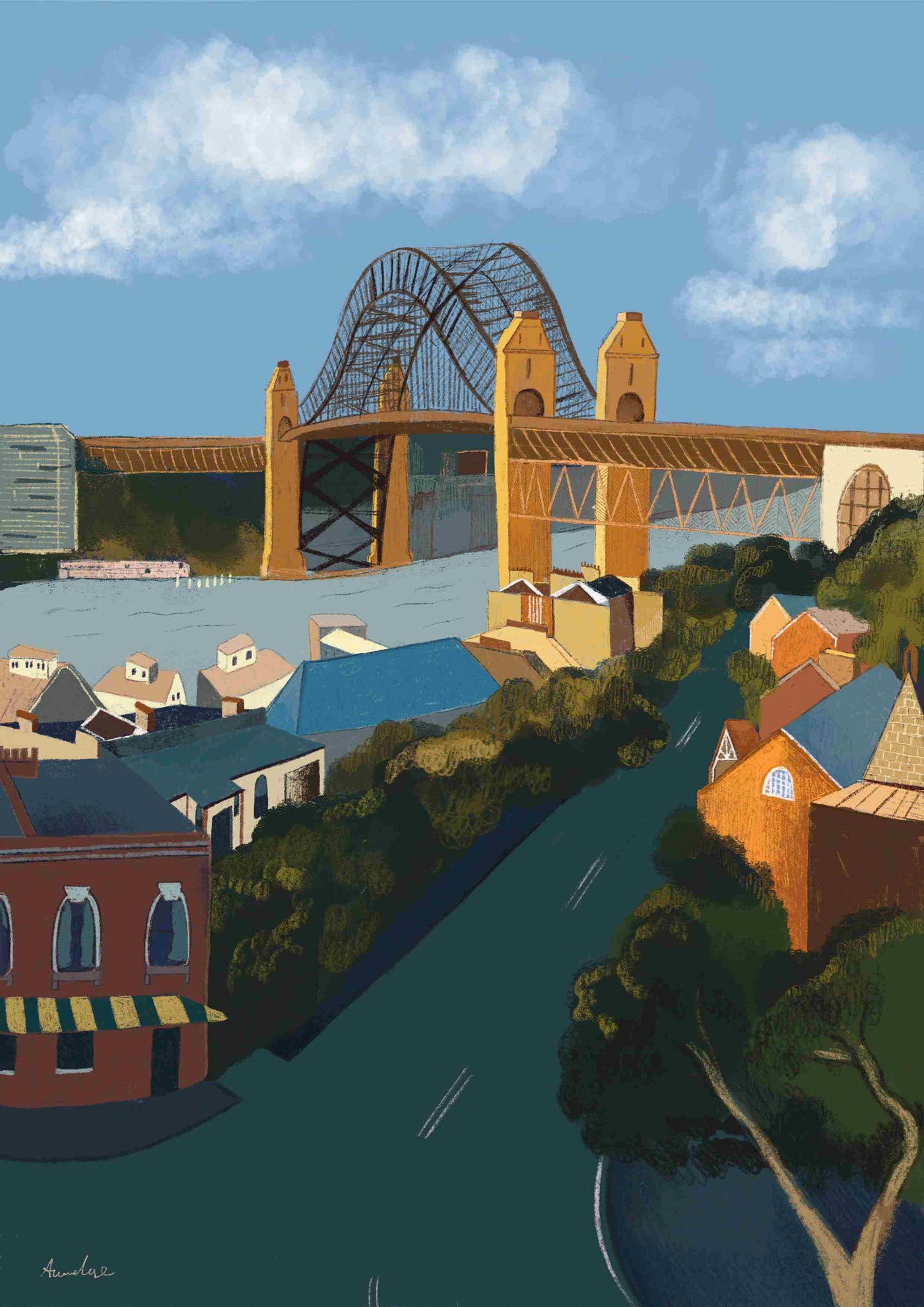 Harbour Bridge by Annalisa Biancardi from Blue Dog Posters depicts the iconic Sydney Harbour Bridge with its arches, nearby buildings, a tree-lined road leading towards it, and a partly cloudy blue sky.
