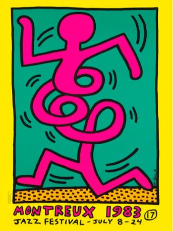 The Haring Montreux A3 Poster by Blue Dog Posters showcases vibrant, abstract pink figures with swirling limbs set against a green and yellow background. The text reads "Montreux 1983 Jazz Festival - July 8-24" with the number 17 in the corner, printed on glossy satin paper for a vivid finish.