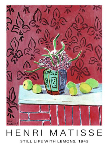 Henri Matisse's "Still Life with Lemons, 1943" painting, depicting a vase with flowers and lemons on a brick-patterned surface against a red patterned background, is beautifully captured in the Henri Matisse Lemons 30x40cm Mini Poster by Blue Dog Posters. Ideal for art enthusiasts, this mini poster is printed on satin paper and includes the artist’s name and the title of the artwork at the bottom.