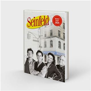The Blue Dog Posters' Seinfeld - 2024 A5 Planner Diary is a high-quality hard cover planner featuring a "Seinfeld" theme. The cover showcases black and white images of the show's four main characters against a street corner backdrop with the iconic "Restaurant" exterior, and the title is prominently displayed in red and yellow.