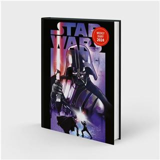 The Star Wars Classic 2024 A5 Planner by Blue Dog Posters features a striking hard cover illustration of Darth Vader holding a lightsaber, standing in a battle pose. The high-quality cover also includes a duel scene with another character wielding a lightsaber. This wiro planner comes with spiral binding and has a red circular sticker.