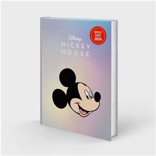 The Disney Mickey Mouse 2024 Planner from Blue Dog Posters showcases an A5 size with a pastel-colored cover, featuring an illustration of Mickey Mouse's face centrally. The text "Disney Mickey Mouse" is positioned above the illustration, and a red circular sticker on the top right corner states "Weekly Diary 2024." Ideal for stationery gifts.