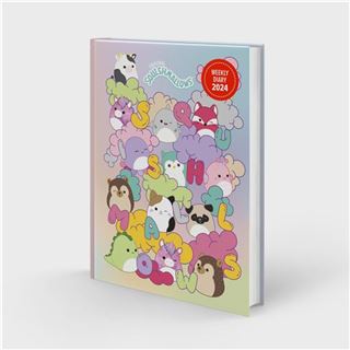Introducing the Squishmallows - 2024 A5 Planner Diary by Blue Dog Posters: a vibrant weekly planner featuring a pastel background and playful animal illustrations that form the alphabet on its cover. The cover also boasts a round red badge with "Weekly Diary 2024" in white text, making it an ideal choice for Squishmallows fans eager to stay organized!