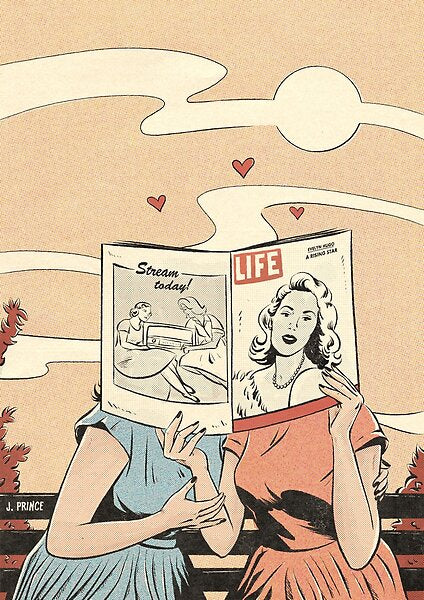Two women sit closely together on a bench, sharing and reading a "Magazine by Jenifer Prince" postcard from Blue Dog Posters that partially covers both their faces, creating an intimate scene reminiscent of a cherished keepsake. Three small hearts float above their heads, evoking feelings of affection or fondness. The backdrop displays a stylized sky with clouds and the sun.