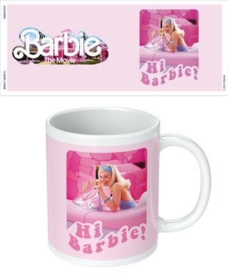 The "Barbie Movie - Hi Barbie - White Mug" by Blue Dog Posters from our Homewares Collection showcases a vibrant image from "Barbie The Movie." In a pink room, Barbie holds a fuzzy, white unicorn plushie. Below the image, the text "Hi Barbie!" appears in a playful font. The top section prominently features the movie logo with colorful, bubbly lettering. Additionally, this mug is dishwasher safe for your convenience!