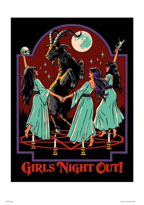 Three women in teal dresses dance with a goat under a full moon. One holds a skull, surrounded by five candles on a pentagram. Created by Brisbane artist Steven Rhodes, this art print is in the Featured Artists Collection and boldly titled "Girls Night Out.