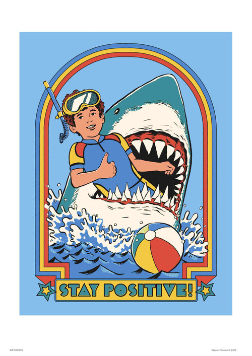 This Art Print titled "Stay Positive by Steven Rhodes" from the Featured Artists Collection depicts a retro scene with a child giving a thumbs-up while snorkeling, accompanied by a playful shark and bobbing beach ball, all underlined by the phrase "Stay Positive!.