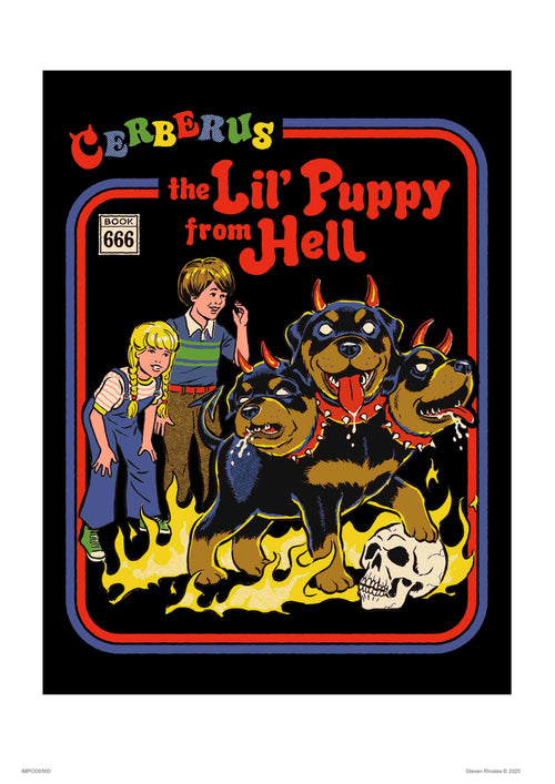 Retro comic book cover titled "Cerberus Puppy by Steven Rhodes" showcasing a Brisbane artist's flair. Features a three-headed dog with red eyes and horns amid flames and a skull, while two kids in 70s attire smile. Part of the Featured Artists Collection.