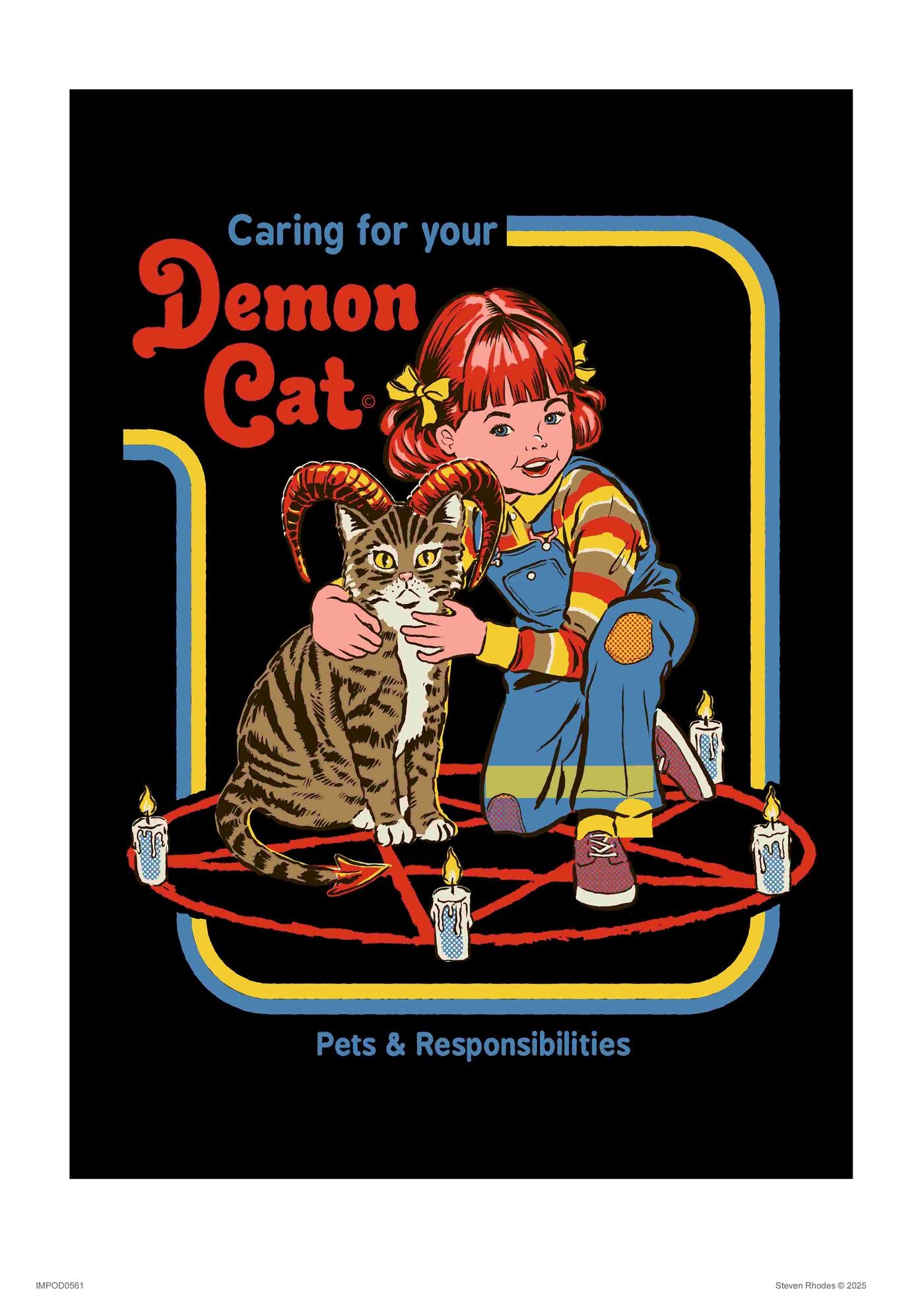 An illustration of a red-haired girl in rainbow-striped clothing petting a horned cat on a pentagram surrounded by candles, from the 0 brand's Featured Artists Collection. It features "Your Demon Cat: Pets & Responsibilities" by Steven Rhodes in a retro style.