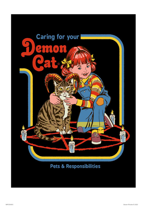An illustration of a red-haired girl in rainbow-striped clothing petting a horned cat on a pentagram surrounded by candles, from the 0 brand's Featured Artists Collection. It features "Your Demon Cat: Pets & Responsibilities" by Steven Rhodes in a retro style.