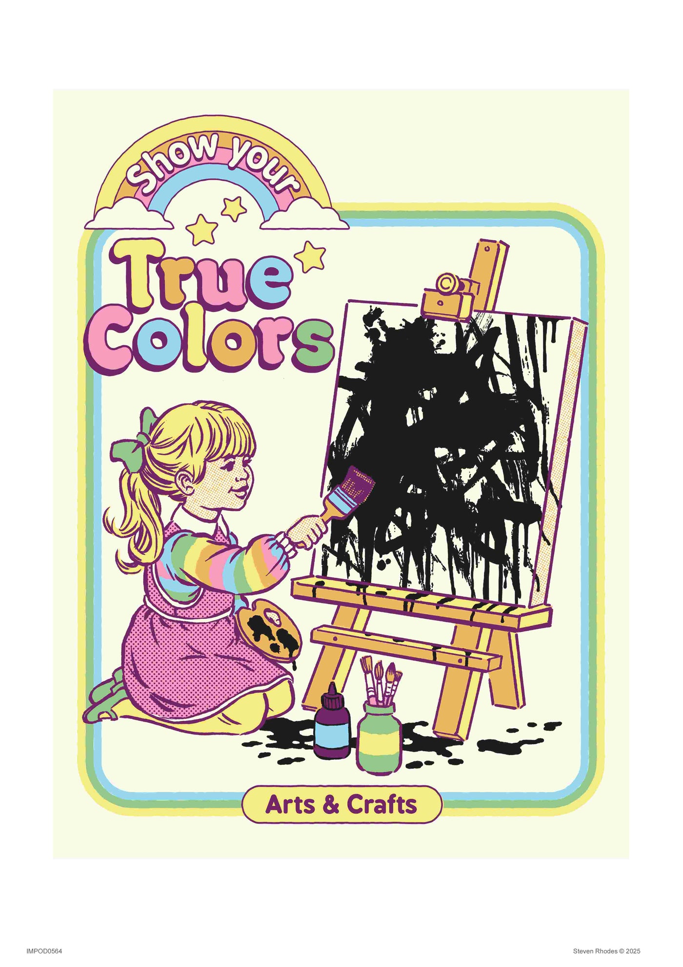 A girl in a colorful dress paints black strokes on a canvas. She smiles, surrounded by art supplies. The text reads "Show your True Colours" with "True Colours by Steven Rhodes" in a pastel green setting adorned with stars.