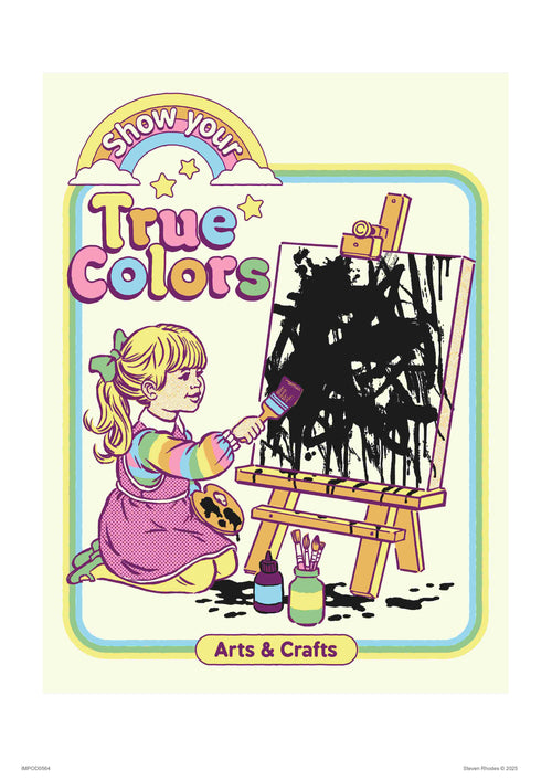 A girl in a colorful dress paints black strokes on a canvas. She smiles, surrounded by art supplies. The text reads "Show your True Colours" with "True Colours by Steven Rhodes" in a pastel green setting adorned with stars.