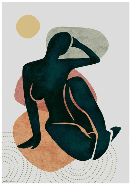 Introducing the Matisse Style Seated Nude A5 by Blue Dog Posters, a minimalist abstract illustration of a seated human figure. The dark-toned figure features a textured appearance and is outlined by overlapping, irregular shapes in muted tones of orange, green, and beige. As part of the Little Art series, this piece can be beautifully displayed in our deluxe postcard frames. A large beige circle in the background suggests a sun or moon.