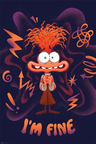 A cartoon character with wild, frizzy orange hair and a wide-eyed, anxious expression stands surrounded by chaotic, colorful shapes and swirls on the Inside Out 2 - Anxiety design by KID 050. The words "I'M FINE" are written at the bottom in bold orange letters, contrasting against the dark background.