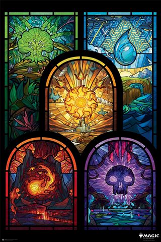Magic the Gathering - Stained Glass by GAM 030 is a vibrant artwork representing elements of nature. The composition features a tree in the top left, a water droplet in the top right, a sun at the center, a red fiery scene in the bottom left, and a purple skull with icy details at the bottom right. Each section is elegantly framed with black lines.