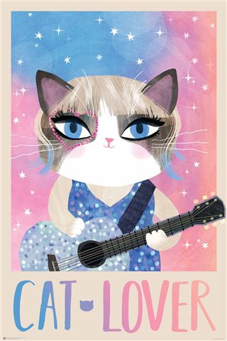The "Taylor Swhiskers - Cat Lover" art poster by ART 017 features a cat with a blonde wig in a blue glittery dress holding a guitar, set against a pink and blue starry gradient. The vibrant colors and "CAT-LOVER" writing make it perfect for premium gloss prints.
