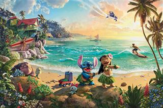 The Thomas Kinkade - Lilo & Stitch artwork by KID 009 showcases a lively beach scene where animated characters relish a sunny day. Among them, Stitch, the blue creature, and Lilo, a girl in a hula skirt, dance joyfully on the sand. Surfers conquer the waves while a sailboat adorns the horizon amidst the lush tropical landscape encircling the beach.