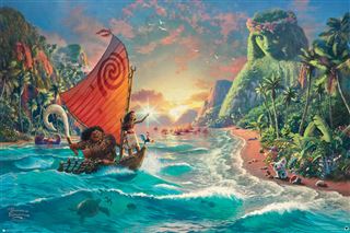 The Thomas Kinkade - Moana by KID 021 features a lively depiction of a sailboat on a tropical ocean, with one figure holding a paddle standing beside another figure on the boat. The scene is set against lush green mountains shaped like a face and includes a setting sun, with aquatic animals swimming nearby.