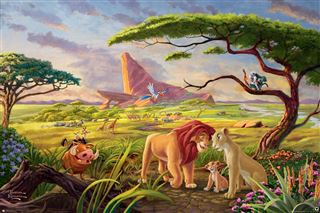 An eye-catching artwork titled "Thomas Kinkade - Lion King" by the brand KID 038 showcases an African savanna scene with a lion family prominently featured. A lion and lioness lovingly nuzzle their cub near verdant foliage, as a warthog and meerkat watch from the left, while a vibrant bird soars above against a rugged backdrop.