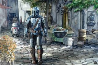 The "Thomas Kinkade - Mandalorian Welcome" by MTV 076 depicts an armored figure with a helmet walking through a vibrant bazaar on cobblestone streets, alongside a floating pod carrying a small creature. Stalls, droids, trees, and buildings line the path.