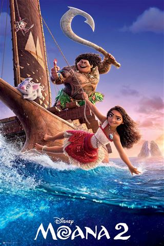 Introducing the Moana 2 - One Sheet by KID 041: This illustrated poster features two characters—a girl in a red skirt reaching into the ocean from a boat, accompanied by a larger figure wielding a hook. A pig is also aboard. The breathtaking backdrop showcases the ocean and distant islands.