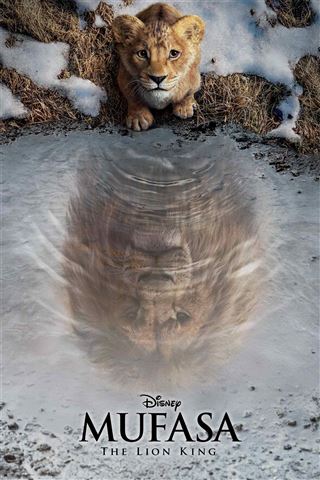 A lion cub gazes at its reflection in a puddle, revealing the image of an adult lion, set against a backdrop of snow and grass. Text at the bottom reads "KID 034 Mufasa - One Sheet.