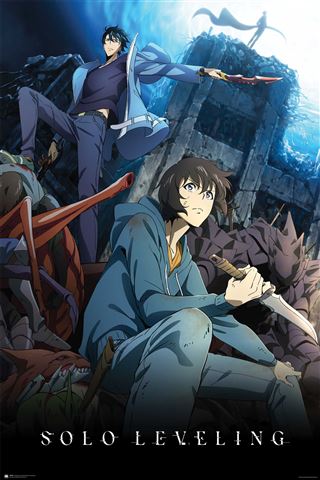 This MTV 400 anime poster, "Solo Leveling - Jinwoo," showcases two armed characters surrounded by monsters, set against a dark cavern with light streaming from above.