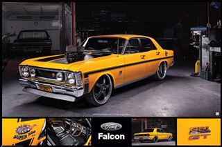 A vintage Ford - Yellow GT351 by CAR 015 is showcased in a dimly lit garage. The car features a black stripe, large wheels, and a prominent engine. Below, there are close-ups highlighting the car's logo, interior, and back view.