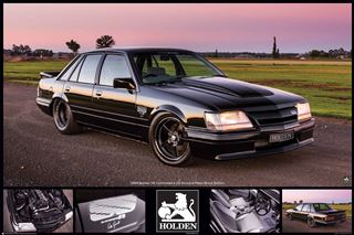 A sleek black CAR 016 Holden - Commodore SS is parked on a road with a sunset backdrop. The image features close-ups of the engine, interior, and a lion logo. Additional text celebrates the 30th anniversary of the Brock HDT Director.