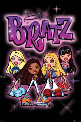 Four animated characters with large heads and stylish outfits pose in front of a sparkly purple "Bratz - Graffiti" logo. Each character from MTV 304 boasts unique hairstyles and vibrant colors, highlighting a trendy fashion theme.